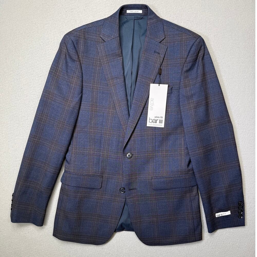 Bar III Men's Slim-Fit Wool Blend Suit Jacket Navy Plaid 36R $425
